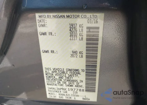 2016 Nissan Altima 2.5 Sl from USA, damaged, VIN 1N4AL3AP9GC197788
